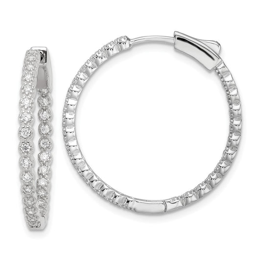 QE16304 Sterling Silver Polished Rhodium-plated In & Out CZ Hinged Hoop Earrings