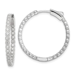 QE16304 Sterling Silver Polished Rhodium-plated In & Out CZ Hinged Hoop Earrings
