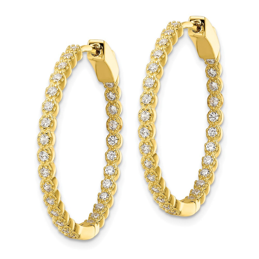 QE16305 Sterling Silver Polished Gold-tone In & Out CZ Hinged Hoop Earrings