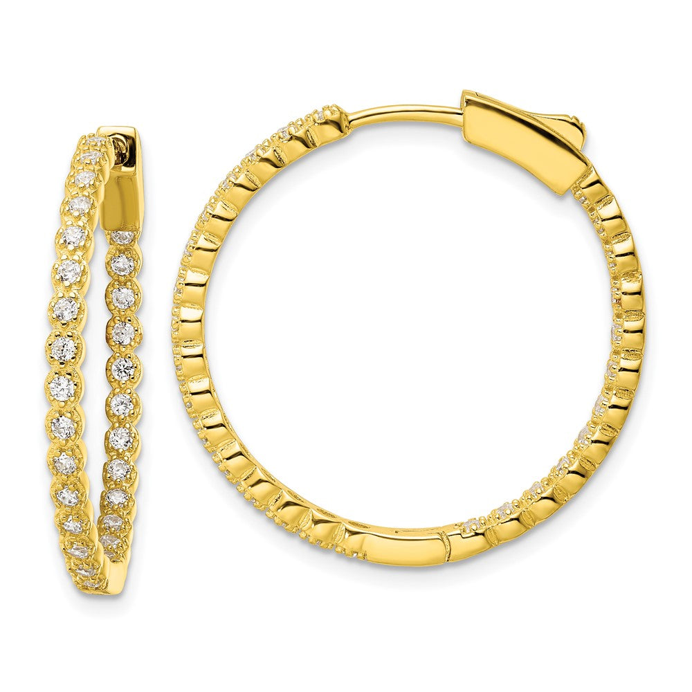 QE16305 Sterling Silver Polished Gold-tone In & Out CZ Hinged Hoop Earrings