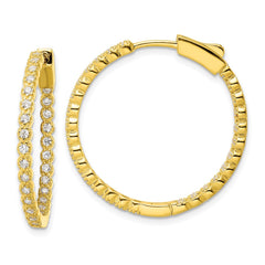 QE16305 Sterling Silver Polished Gold-tone In & Out CZ Hinged Hoop Earrings