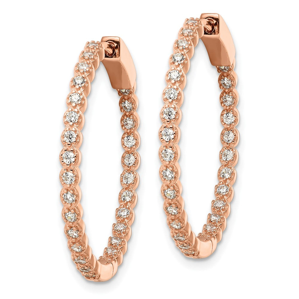 QE16306 Sterling Silver Polished Rose-tone In & Out CZ Hinged Hoop Earrings