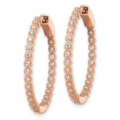 QE16306 Sterling Silver Polished Rose-tone In & Out CZ Hinged Hoop Earrings