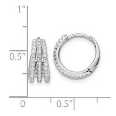 QE16307 Sterling Silver Rhodium-plated Polished Triple Row CZ Hinged Hoop Earrings