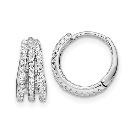 QE16307 Sterling Silver Rhodium-plated Polished Triple Row CZ Hinged Hoop Earrings