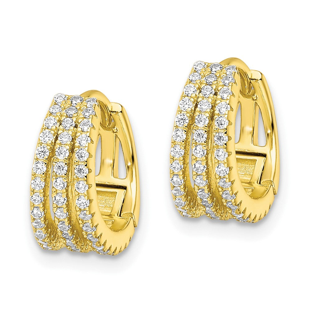 QE16308 Sterling Silver Gold-tone Polished Triple Row CZ Hinged Hoop Earrings