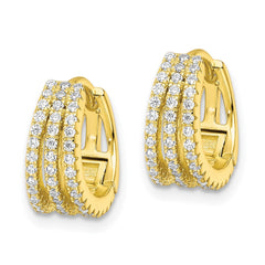 QE16308 Sterling Silver Gold-tone Polished Triple Row CZ Hinged Hoop Earrings