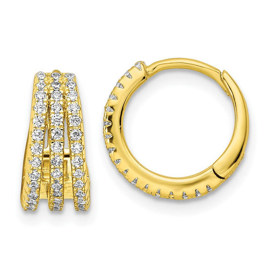 QE16308 Sterling Silver Gold-tone Polished Triple Row CZ Hinged Hoop Earrings
