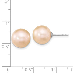 QE16326 Sterling Silver Rhodium-plated 10-11mm Pink Round Freshwater Cultured Pearl Post Earrings