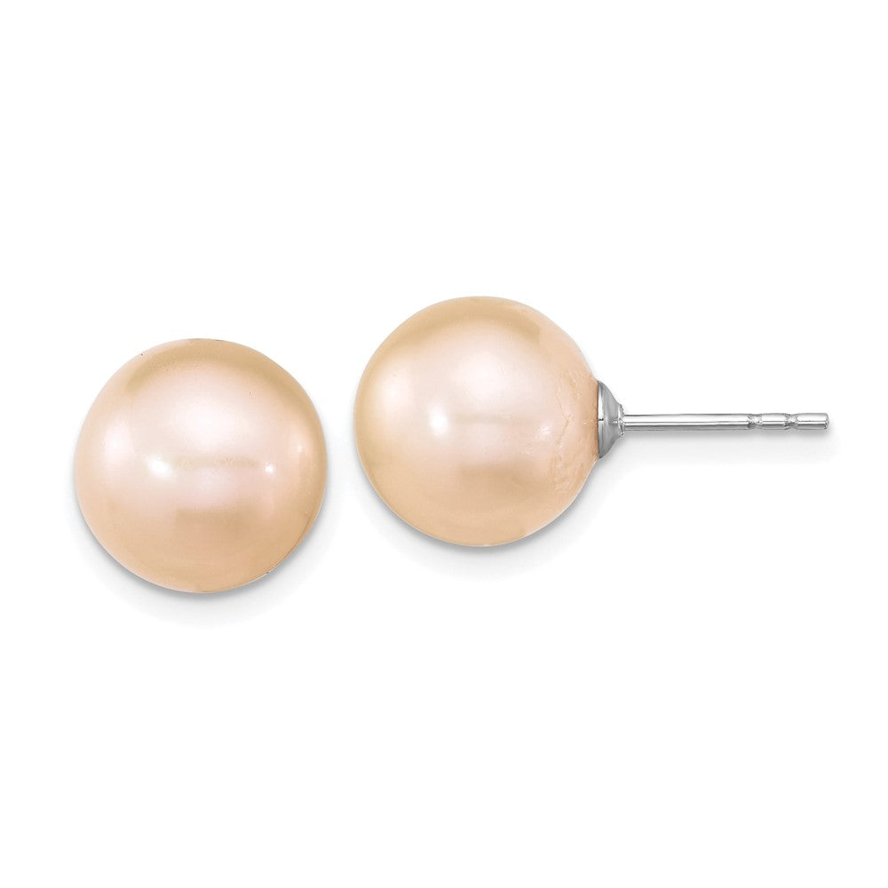 QE16326 Sterling Silver Rhodium-plated 10-11mm Pink Round Freshwater Cultured Pearl Post Earrings
