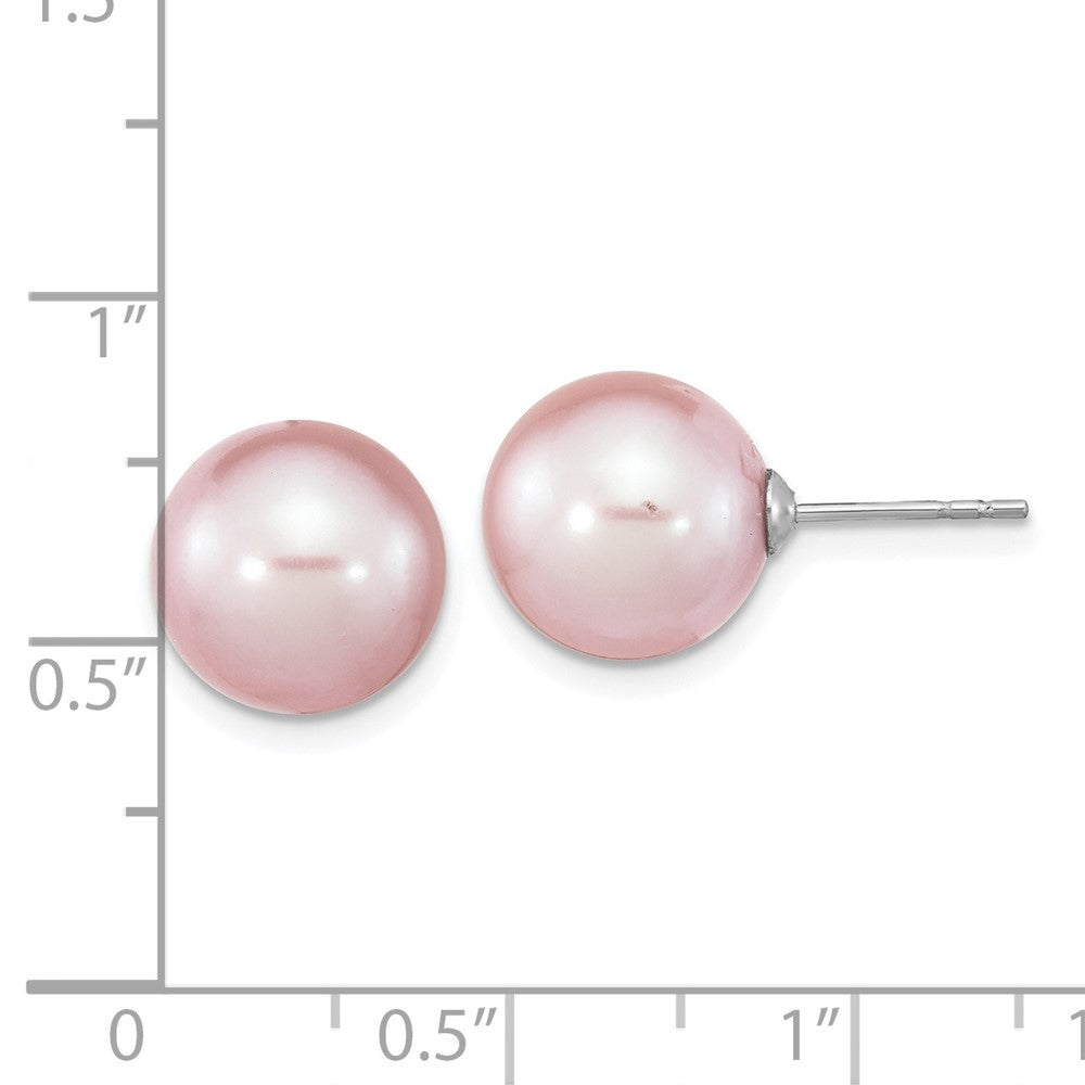 QE16327 Sterling Silver Rhodium-plated 10-11mm Purple Round Freshwater Cultured Pearl Post Earrings