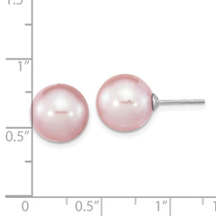 QE16327 Sterling Silver Rhodium-plated 10-11mm Purple Round Freshwater Cultured Pearl Post Earrings