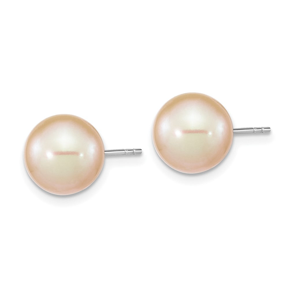 QE16328 Sterling Silver Rhodium-plated 9-10mm Pink Round Freshwater Cultured Pearl Post Earrings