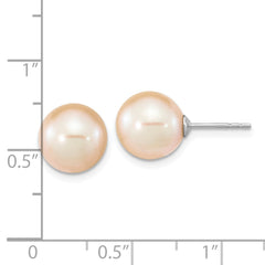 QE16328 Sterling Silver Rhodium-plated 9-10mm Pink Round Freshwater Cultured Pearl Post Earrings