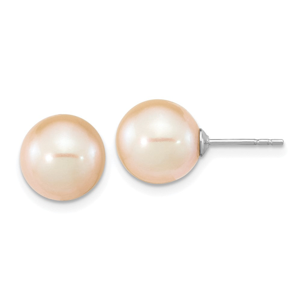 QE16328 Sterling Silver Rhodium-plated 9-10mm Pink Round Freshwater Cultured Pearl Post Earrings