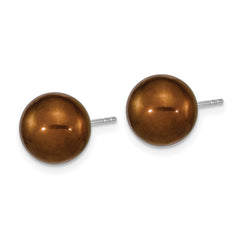 QE16329 Sterling Silver Rhodium-plated 9-10mm Brown Round Freshwater Cultured Pearl Post Earrings