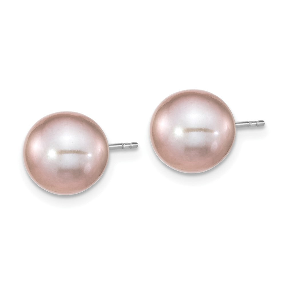 QE16331 Sterling Silver Rhodium-plated 9-10mm Purple Round Freshwater Cultured Pearl Post Earring