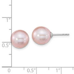 QE16331 Sterling Silver Rhodium-plated 9-10mm Purple Round Freshwater Cultured Pearl Post Earring