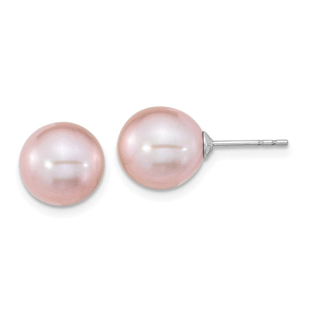 QE16331 Sterling Silver Rhodium-plated 9-10mm Purple Round Freshwater Cultured Pearl Post Earring