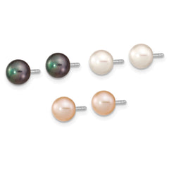 QE16332SET Sterling Silver Rhodium-plated 6-7mm White, Black and Pink Button Freshwater Cultured Pearl Set of 3 Post Earrings