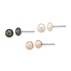 QE16332SET Sterling Silver Rhodium-plated 6-7mm White, Black and Pink Button Freshwater Cultured Pearl Set of 3 Post Earrings