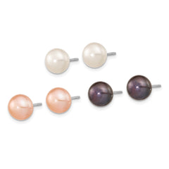 QE16333SET Sterling Silver Rhodium-plated 8-9mm White, Black and Pink Button Freshwater Cultured Pearl Set of 3 Post Earrings