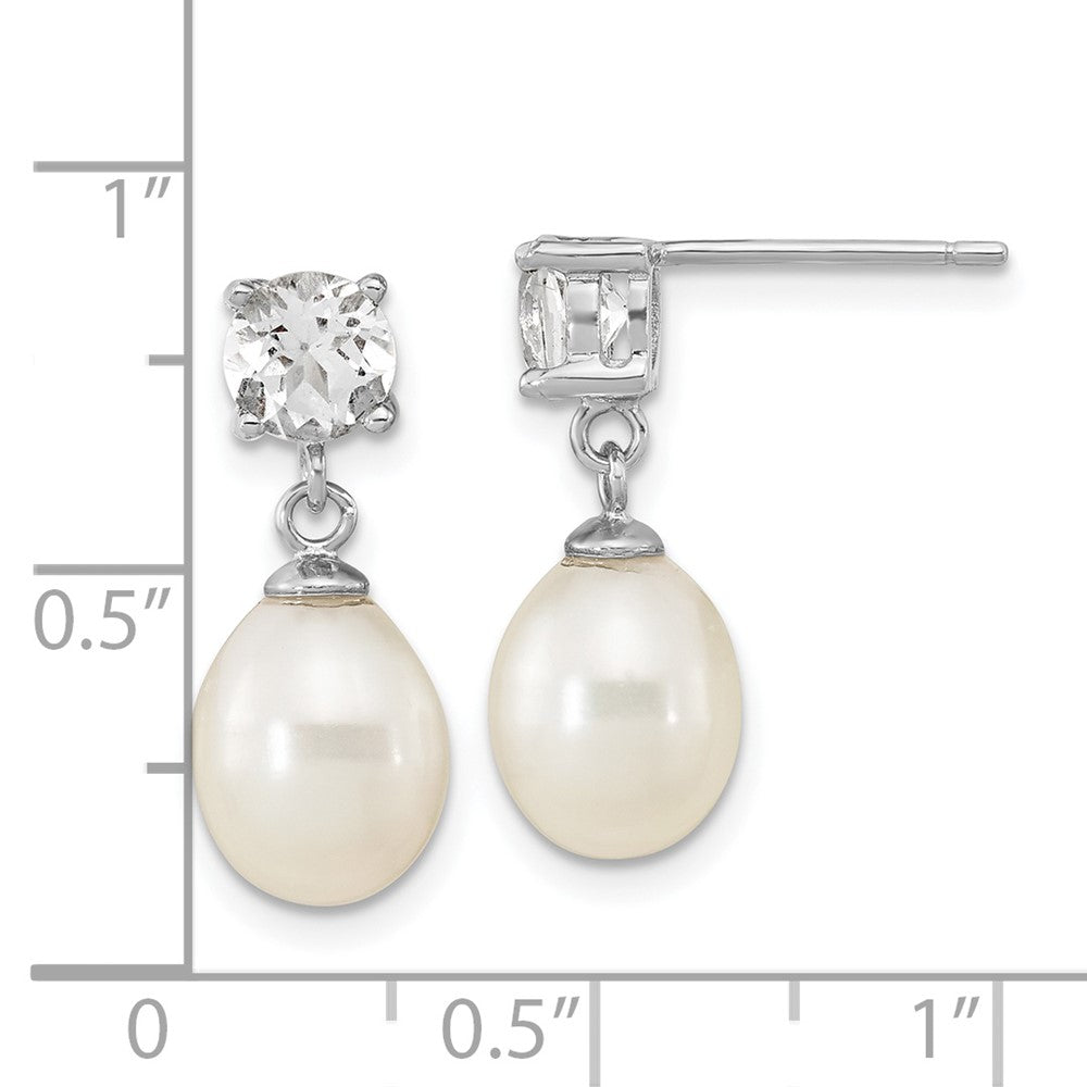 QE16335 Sterling Silver Rhodium-plated 7-10mm White Teardrop Freshwater Cultured Pearl and 2.64WT White Topaz Post Dangle Earrings