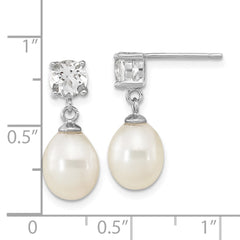 QE16335 Sterling Silver Rhodium-plated 7-10mm White Teardrop Freshwater Cultured Pearl and 2.64WT White Topaz Post Dangle Earrings