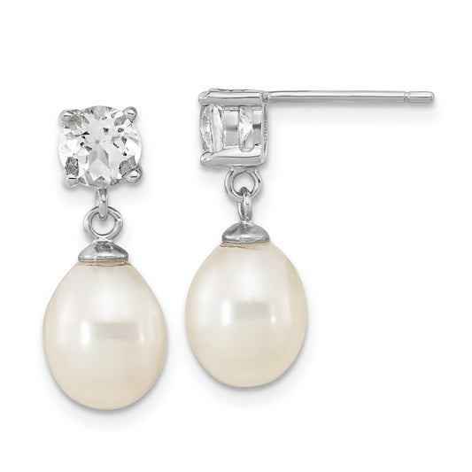 QE16335 Sterling Silver Rhodium-plated 7-10mm White Teardrop Freshwater Cultured Pearl and 2.64WT White Topaz Post Dangle Earrings