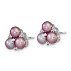 QE16336 Sterling Silver Rhodium-plated 5-6mm Purple Button Freshwater Cultured Pearl Post Earrings