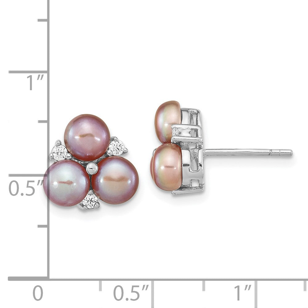 QE16336 Sterling Silver Rhodium-plated 5-6mm Purple Button Freshwater Cultured Pearl Post Earrings