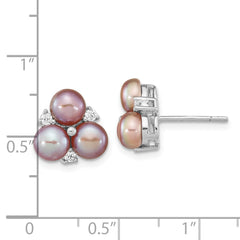 QE16336 Sterling Silver Rhodium-plated 5-6mm Purple Button Freshwater Cultured Pearl Post Earrings