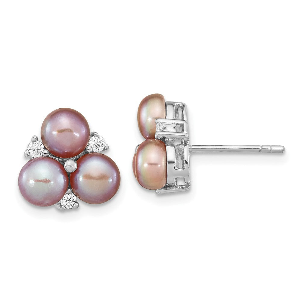 QE16336 Sterling Silver Rhodium-plated 5-6mm Purple Button Freshwater Cultured Pearl Post Earrings
