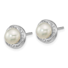 QE16339 Sterling Silver Rhodium-plated 6-7mm White Button Freshwater Cultured Pearl and CZ Post Earrings