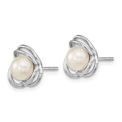 QE16346 Sterling Silver Rhodium-plated 6-7mm White Button Freshwater Cultured Pearl Knot Post Earrings