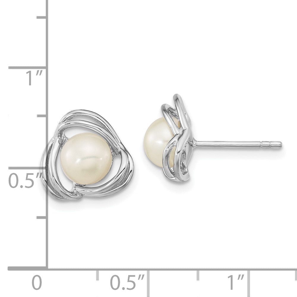 QE16346 Sterling Silver Rhodium-plated 6-7mm White Button Freshwater Cultured Pearl Knot Post Earrings