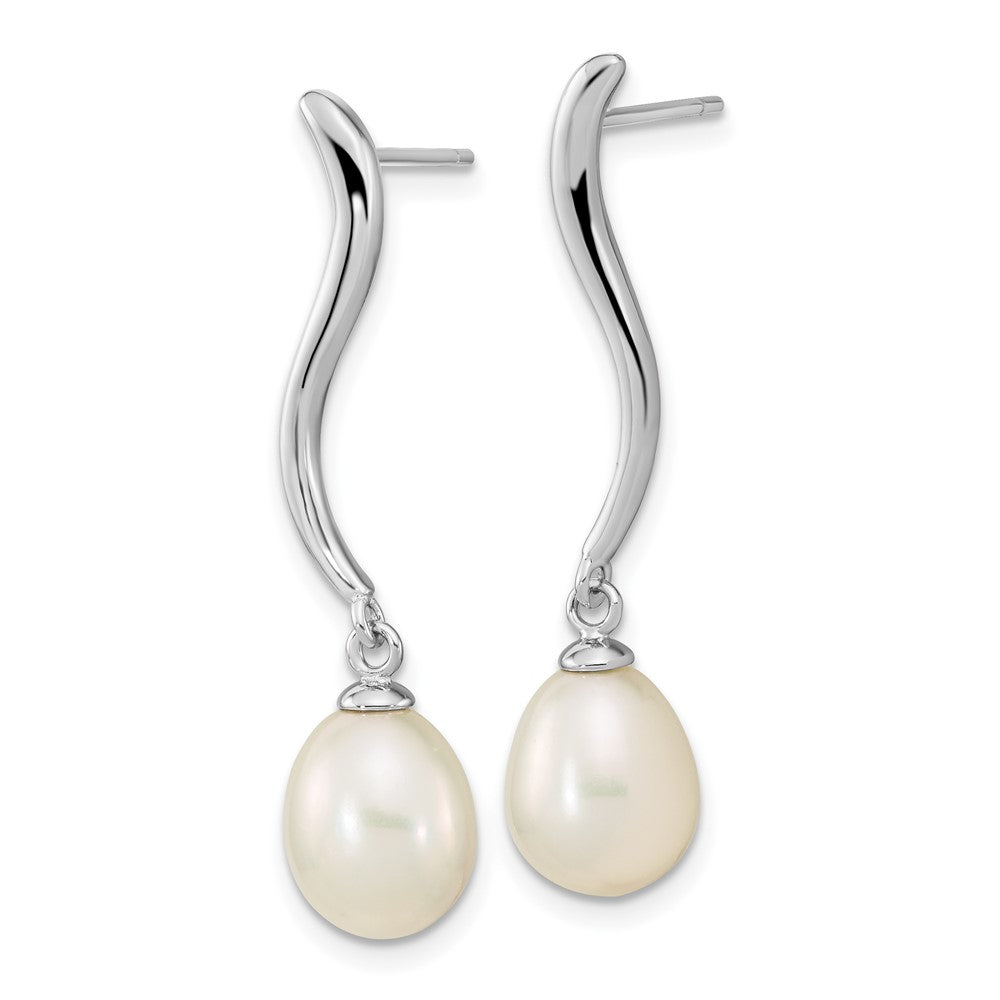 QE16350 Sterling Silver Rhodium-plated 7-9mm White Teardrop Freshwater Cultured Pearl Post Dangle Earrings