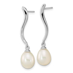 QE16350 Sterling Silver Rhodium-plated 7-9mm White Teardrop Freshwater Cultured Pearl Post Dangle Earrings