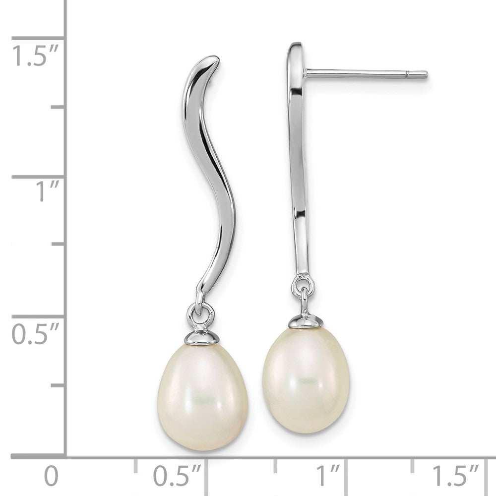 QE16350 Sterling Silver Rhodium-plated 7-9mm White Teardrop Freshwater Cultured Pearl Post Dangle Earrings