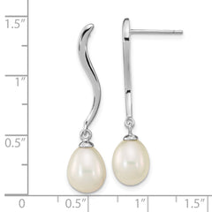 QE16350 Sterling Silver Rhodium-plated 7-9mm White Teardrop Freshwater Cultured Pearl Post Dangle Earrings