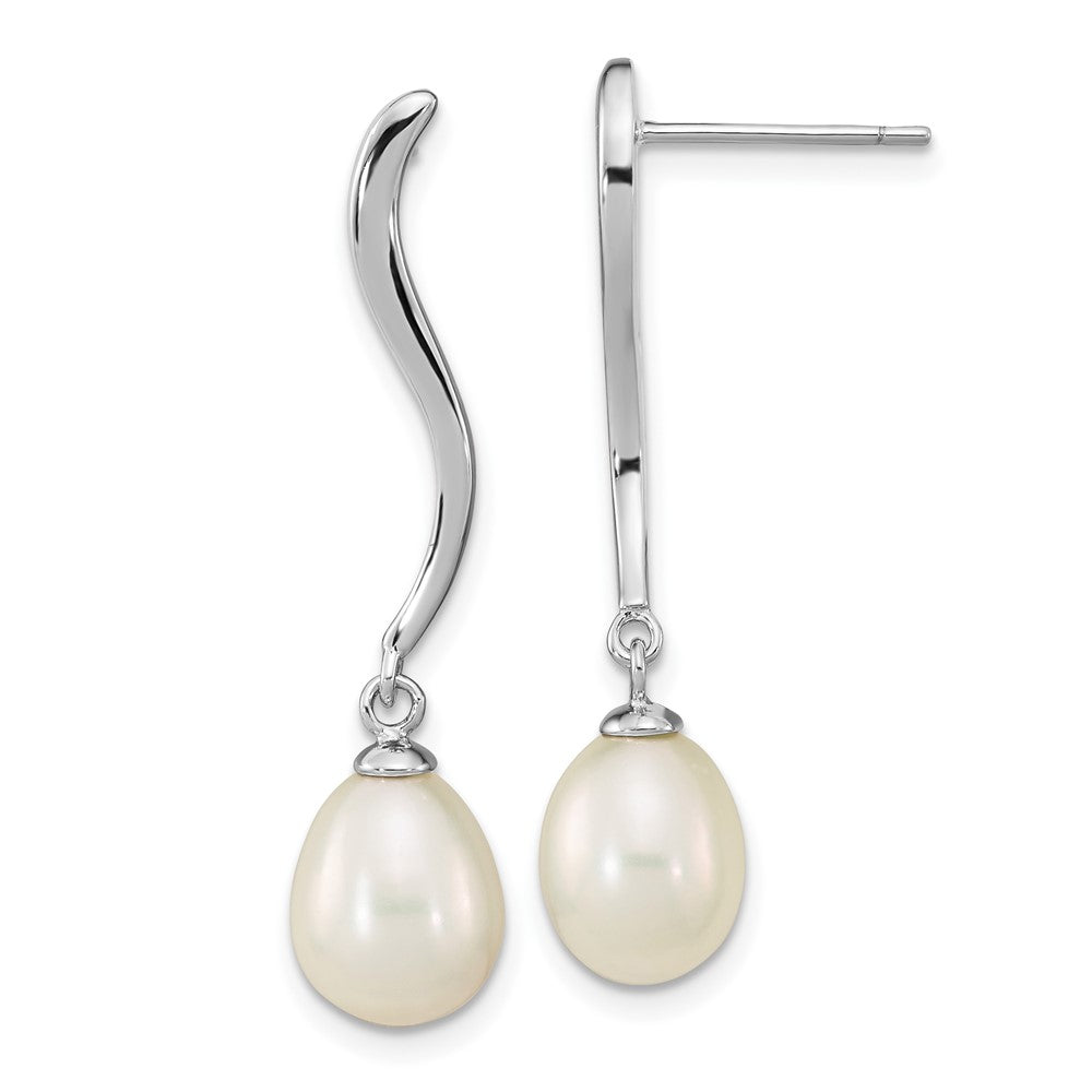 QE16350 Sterling Silver Rhodium-plated 7-9mm White Teardrop Freshwater Cultured Pearl Post Dangle Earrings