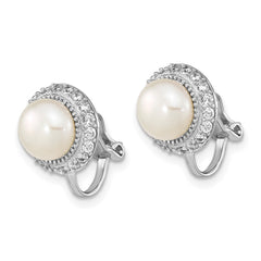 QE16361 Sterling Silver Rhodium-plated 7-8mm White Button Freshwater Cultured Pearl Non-pierced Earrings
