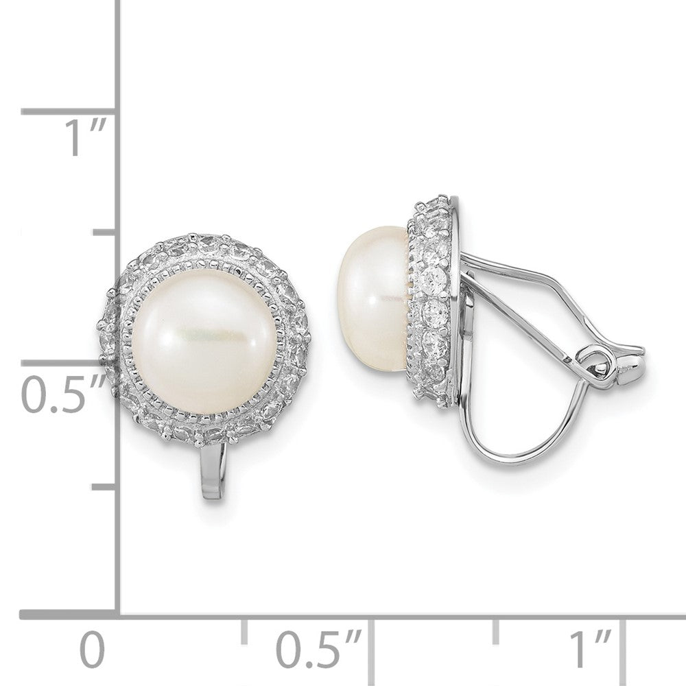 QE16361 Sterling Silver Rhodium-plated 7-8mm White Button Freshwater Cultured Pearl Non-pierced Earrings