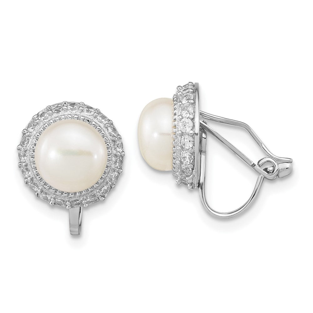 QE16361 Sterling Silver Rhodium-plated 7-8mm White Button Freshwater Cultured Pearl Non-pierced Earrings