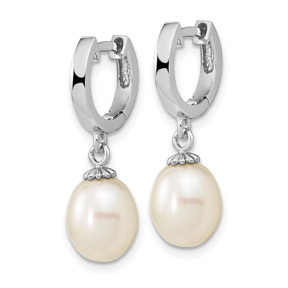 QE16364 Sterling Silver Rhodium-plated 8-9mm White Teardrop Freshwater Cultured Pearl Dangle Hoop Earrings