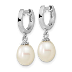 QE16364 Sterling Silver Rhodium-plated 8-9mm White Teardrop Freshwater Cultured Pearl Dangle Hoop Earrings