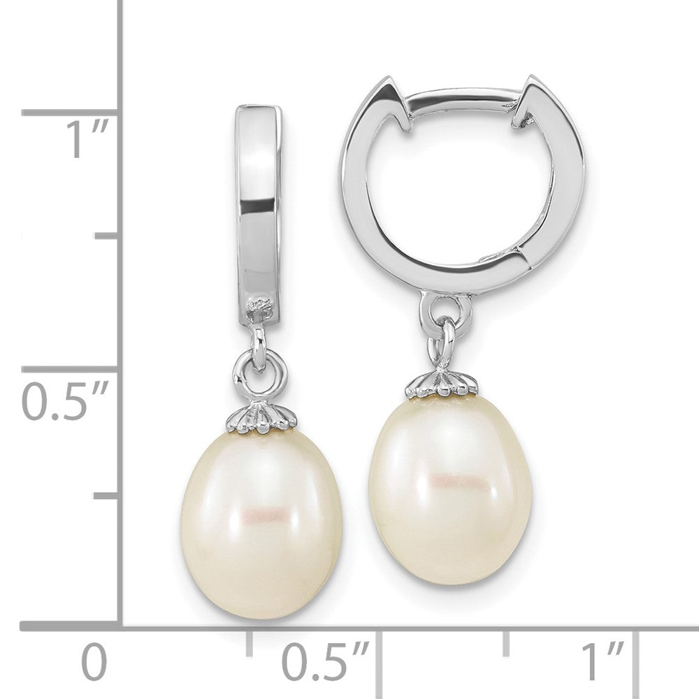 QE16364 Sterling Silver Rhodium-plated 8-9mm White Teardrop Freshwater Cultured Pearl Dangle Hoop Earrings