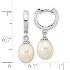 QE16364 Sterling Silver Rhodium-plated 8-9mm White Teardrop Freshwater Cultured Pearl Dangle Hoop Earrings