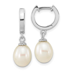 QE16364 Sterling Silver Rhodium-plated 8-9mm White Teardrop Freshwater Cultured Pearl Dangle Hoop Earrings