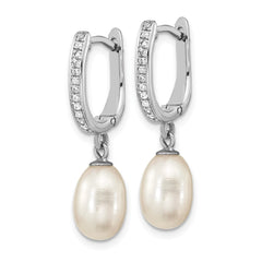 QE16365 Sterling Silver Rhodium-plated 7-8mm White Rice Freshwater Cultured Pearl and CZ Hoop Dangle Earring